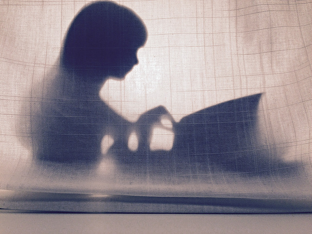 child reading behind gauze curtain by Lynn Friedman via Flickr