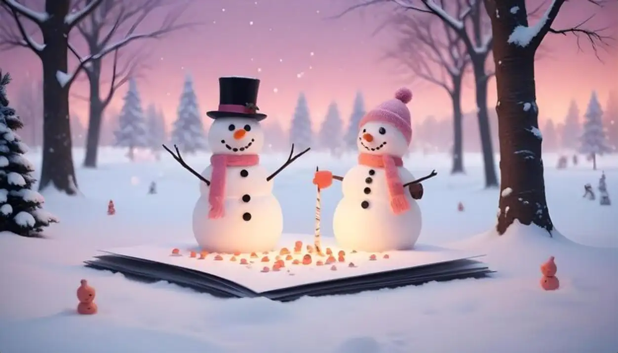 two snowmen are standing in front of a fire with a snowman in the background