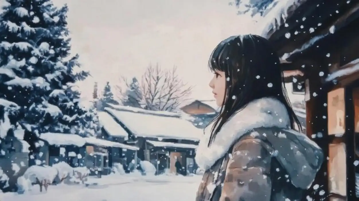 Young Woman in Snowy Village Winter Scene