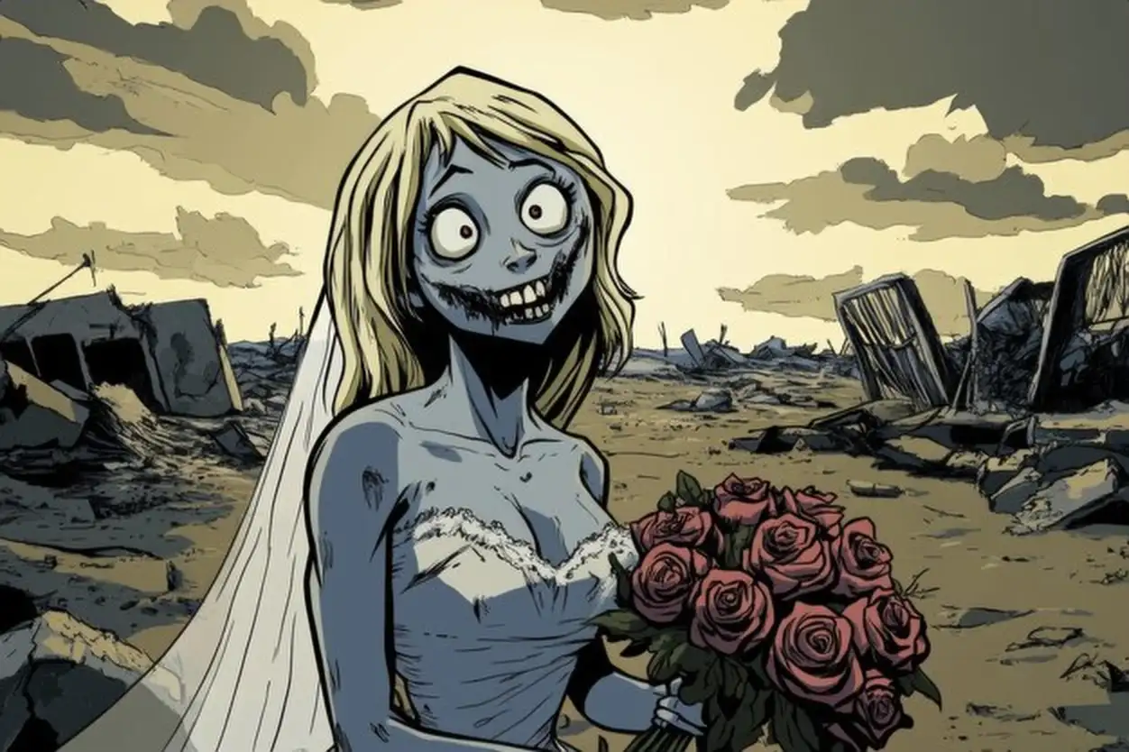 Ai digital art of Halloween zombie bride with bouquet of flowers