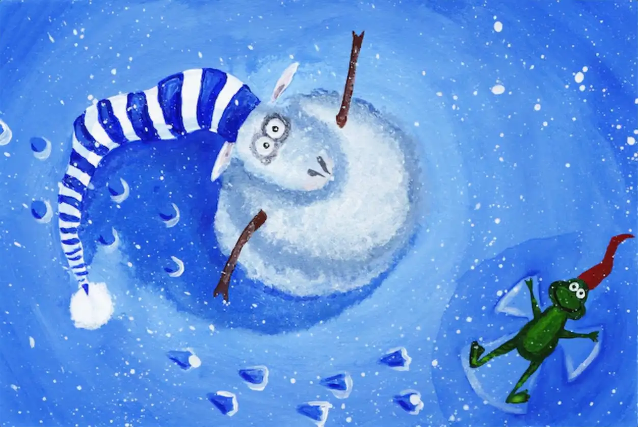 winter card a sheep in long striped cap and a frog in a red cap rejoice in the first snow footprints