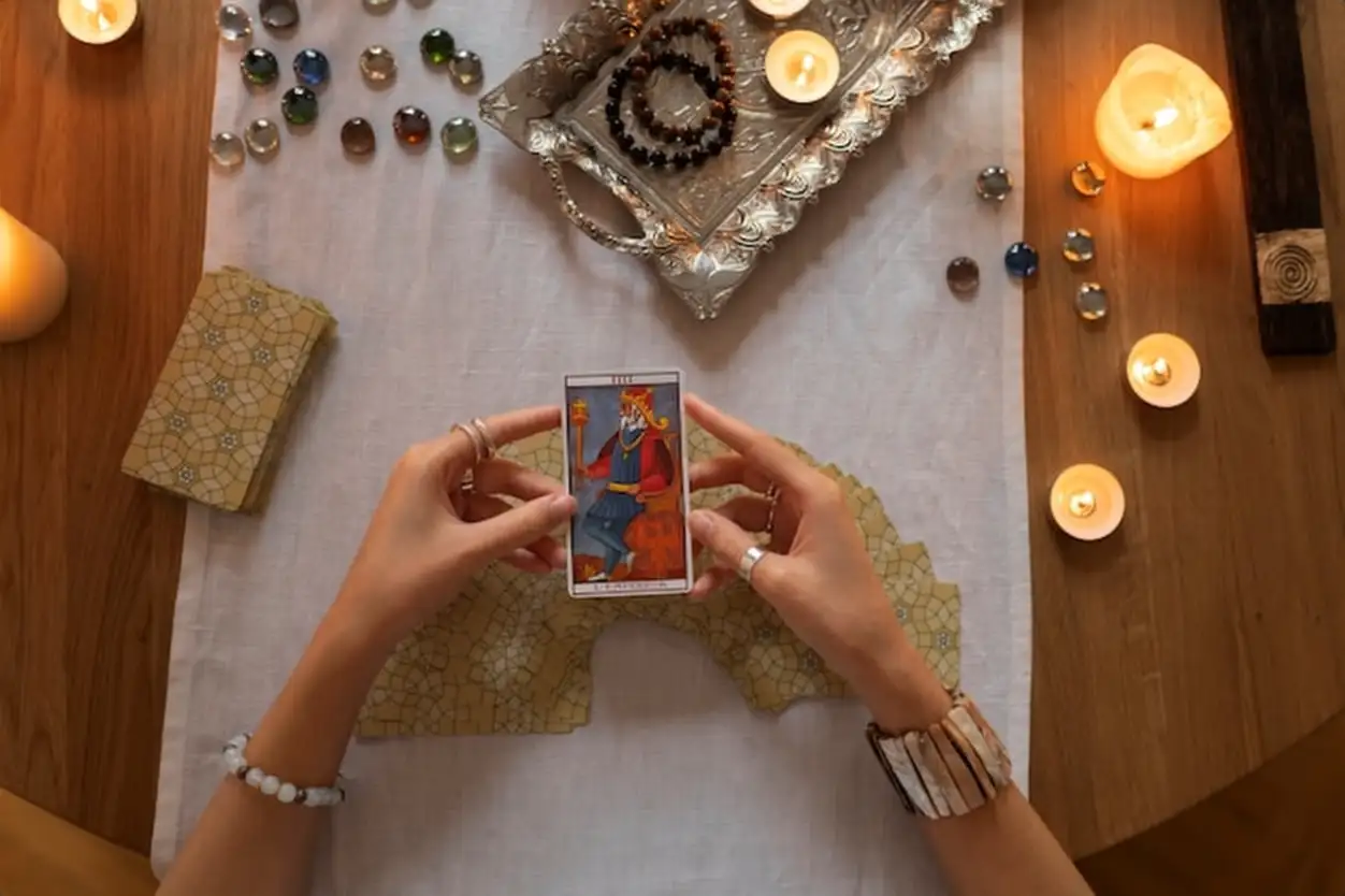 Top view woman reading tarot