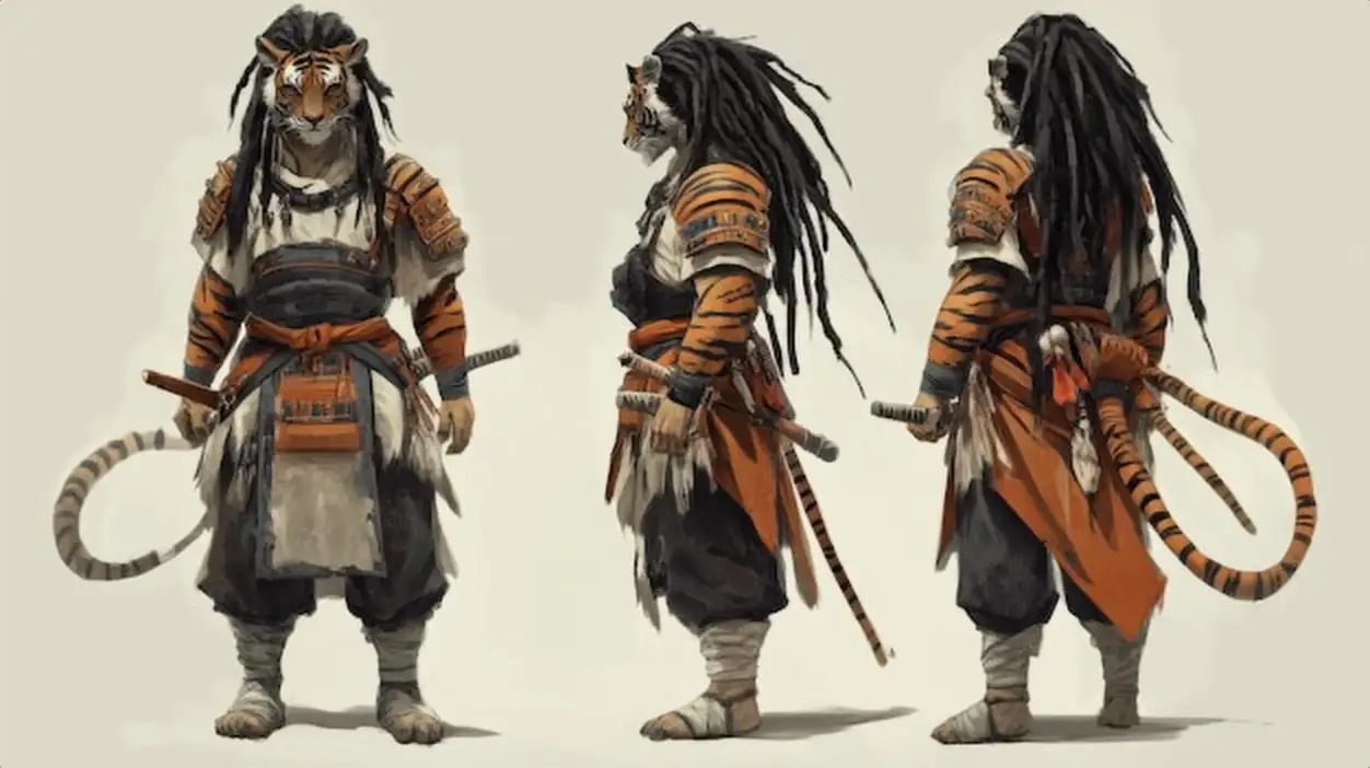 Character design of a tiger warrior with dreadlocks and armor