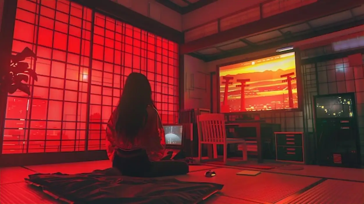 Woman sitting in a dimly lit room with a red glow looking at a computer screen
