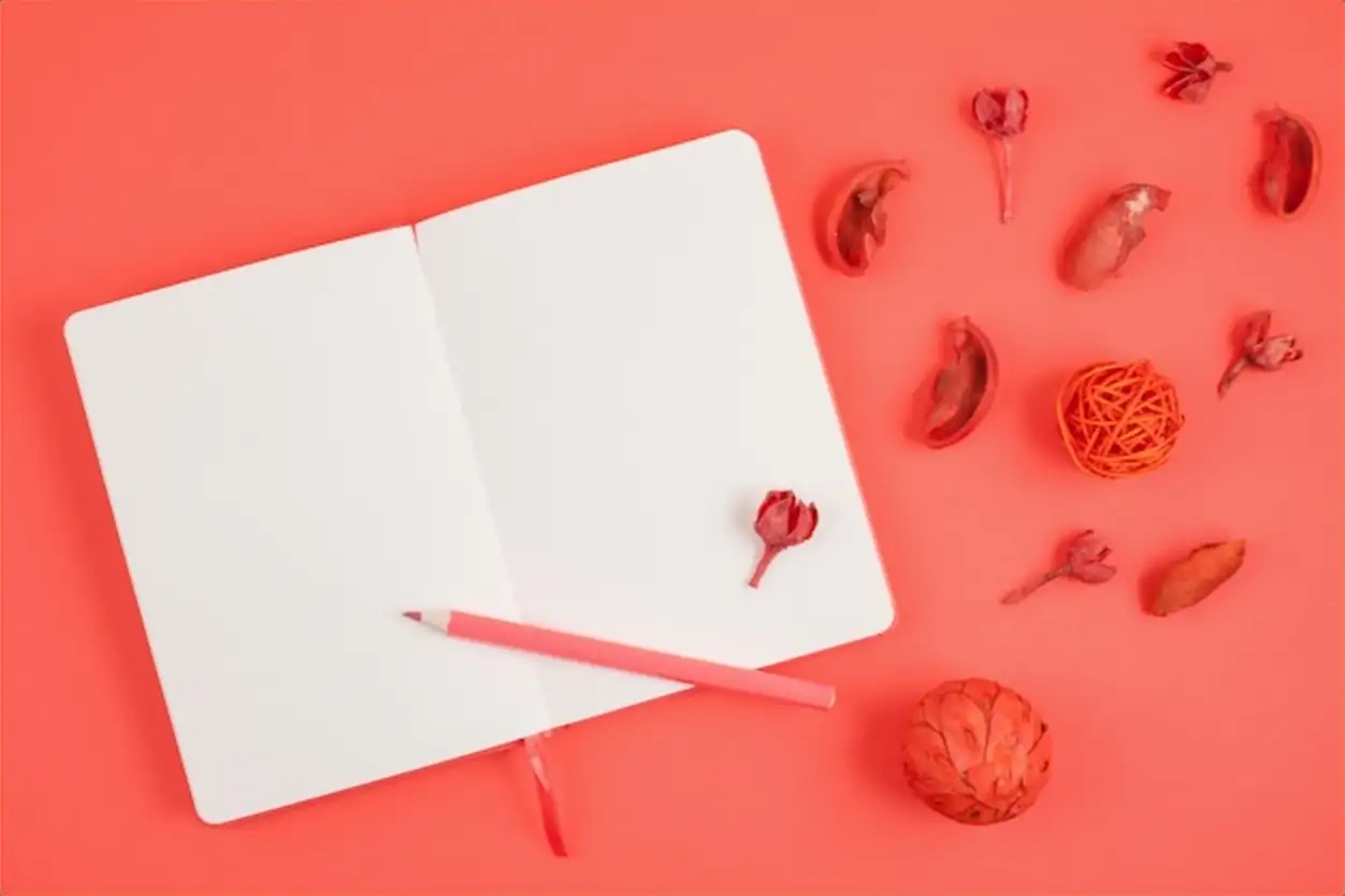 Top view of workspace with coral bullet journal, glasses and blogger accessories