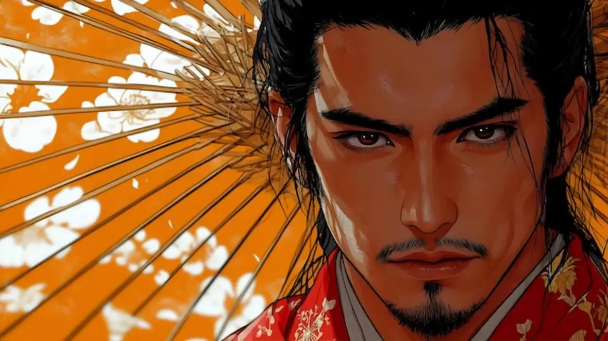 Intense Gaze of a Man with Black Hair and a Goatee Illustration