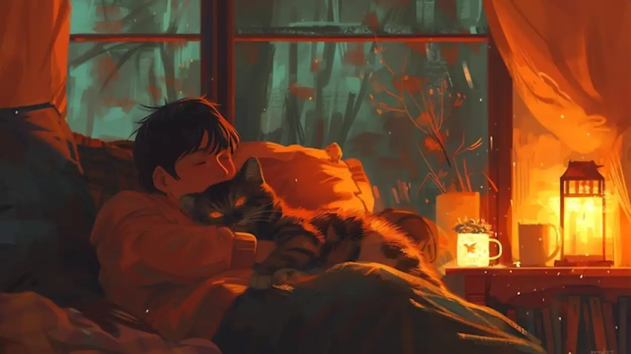 A boy and his cat are sleeping in a cozy bed The room is lit by a warm lamp The window is open and the trees outside are blowing in the wind