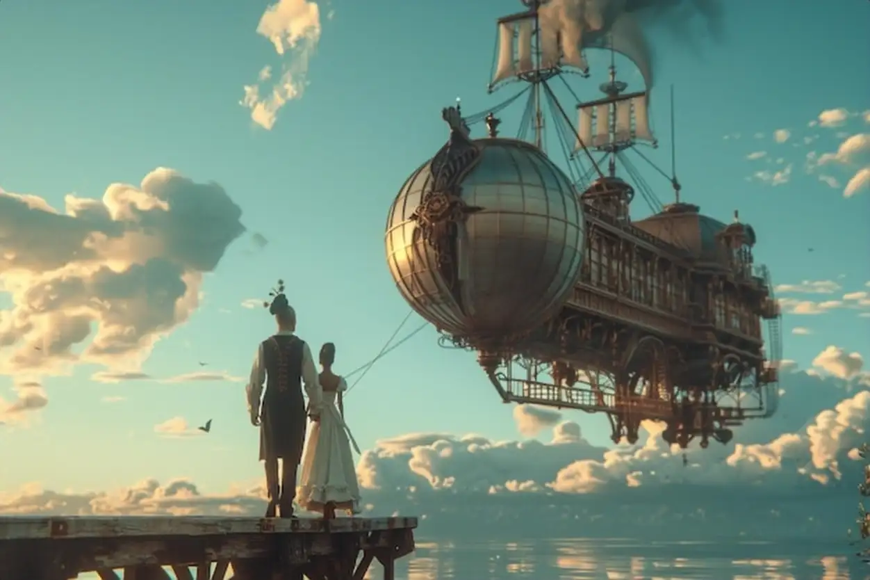 Steampunk airship dock with an interracial couple