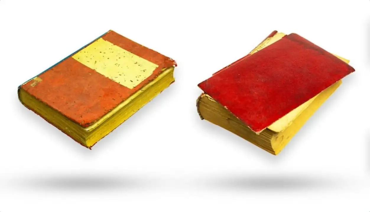 High angle view of old books on white background