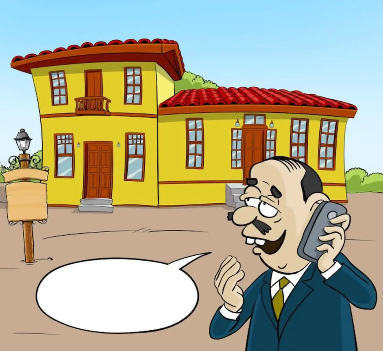 cartoon yellow house signage of cheerful man talking by phone