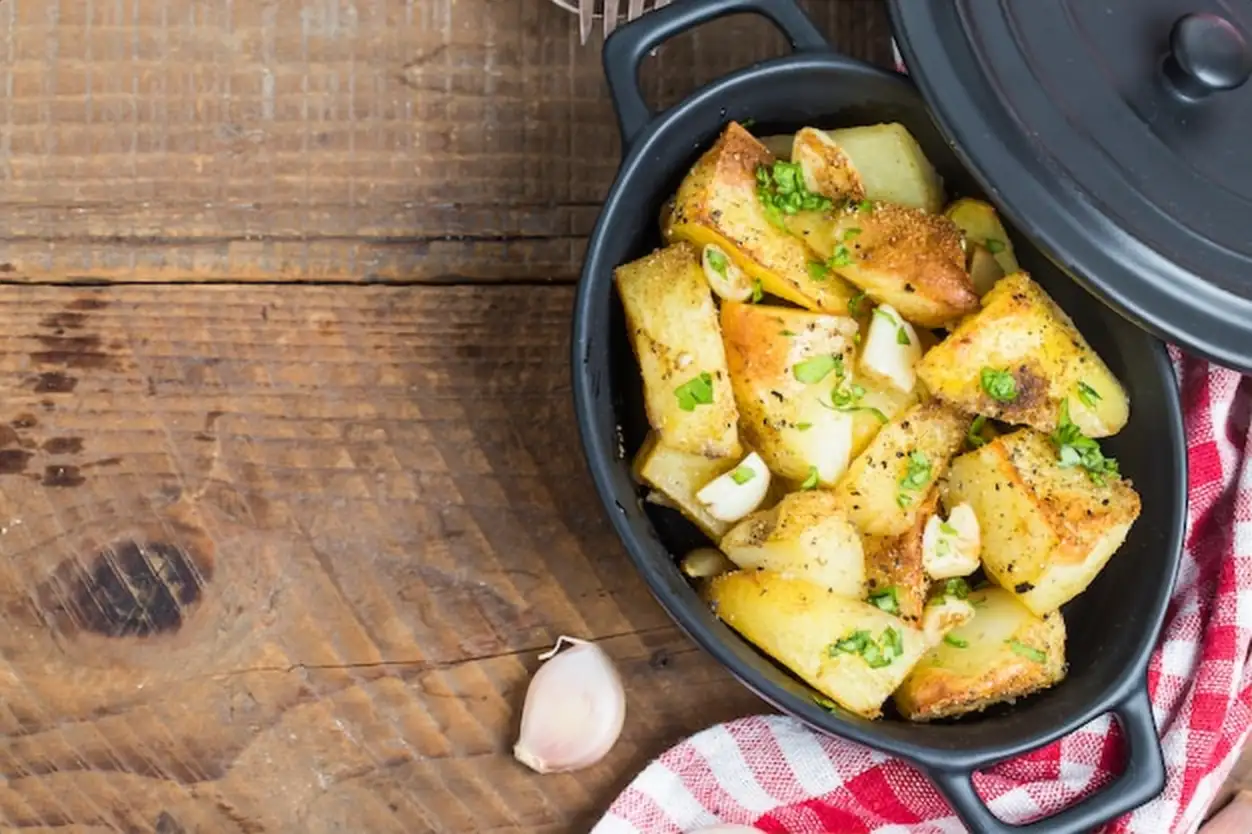 Top view of cooked potatoes in a pot