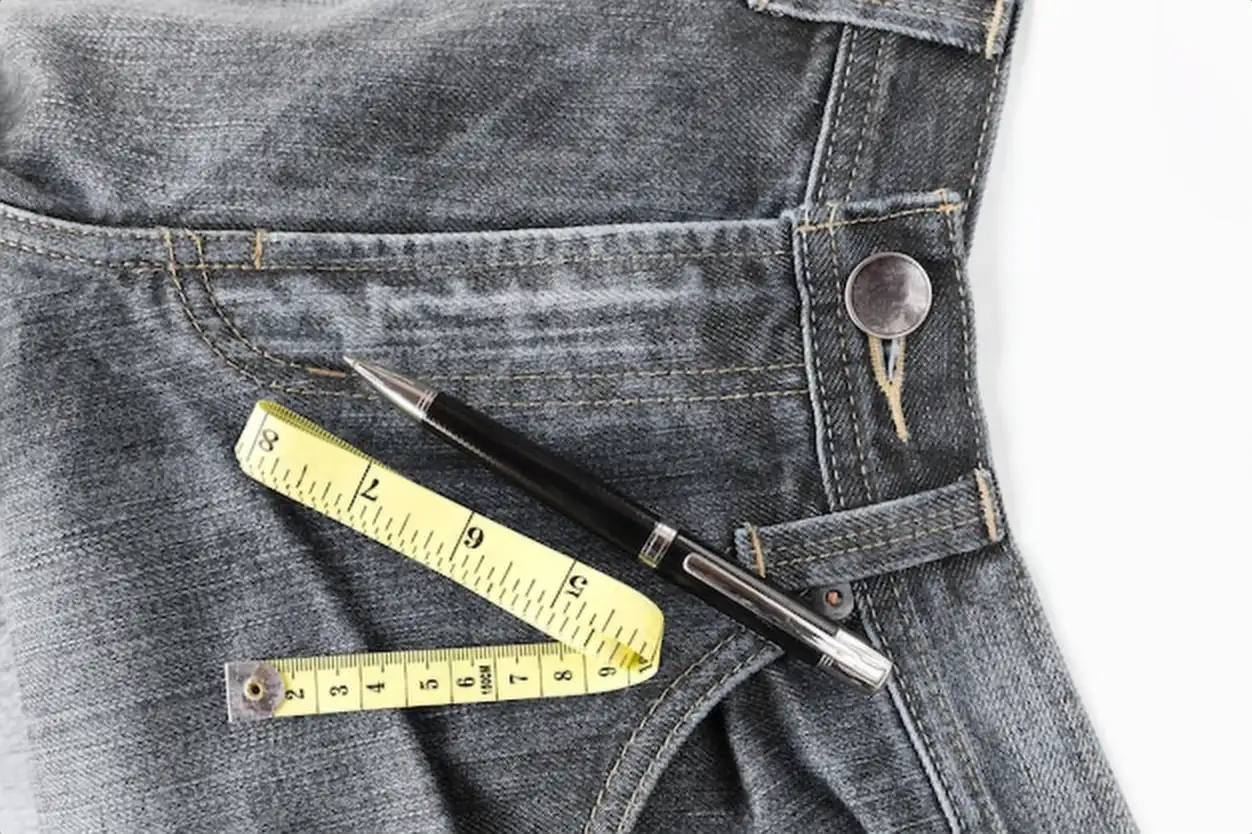 Directly above shot of tape measure and pen with jeans on white background