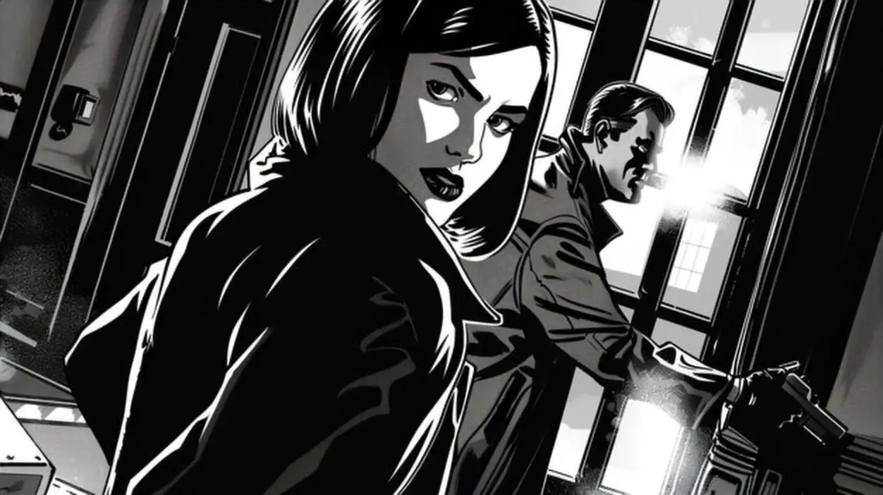 a cartoon of a woman on a bike and a man in a suit