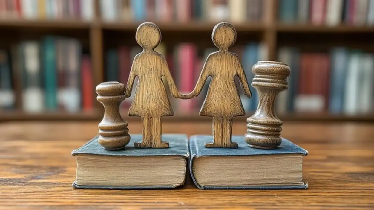 Wooden Figures of Family on Old Books with Blurry Library Background
