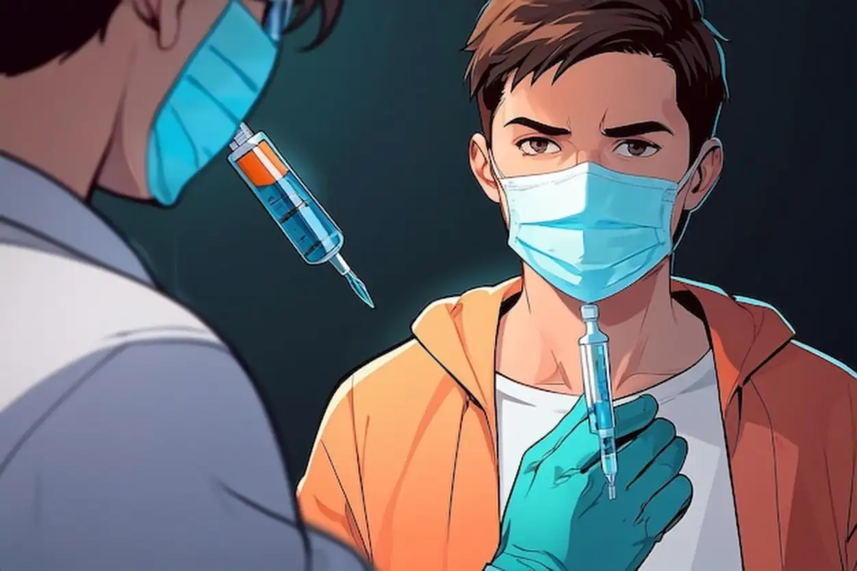 Man Holding Protective Shield and Syringe Injection from COVID19 Virus Fight and Protect COVID19