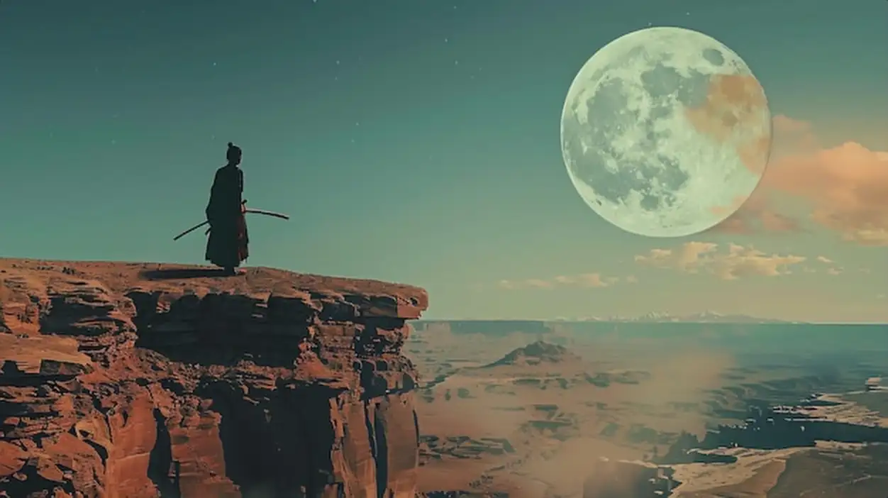 A samurai stands on a cliff looking out over a vast landscape The full moon rises behind him casting a long shadow