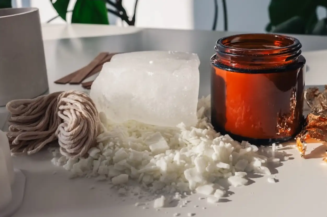 Handmade ecological and vegan soy wax candles with wooden wick. Amber and opaque container. Mock up, space for text.