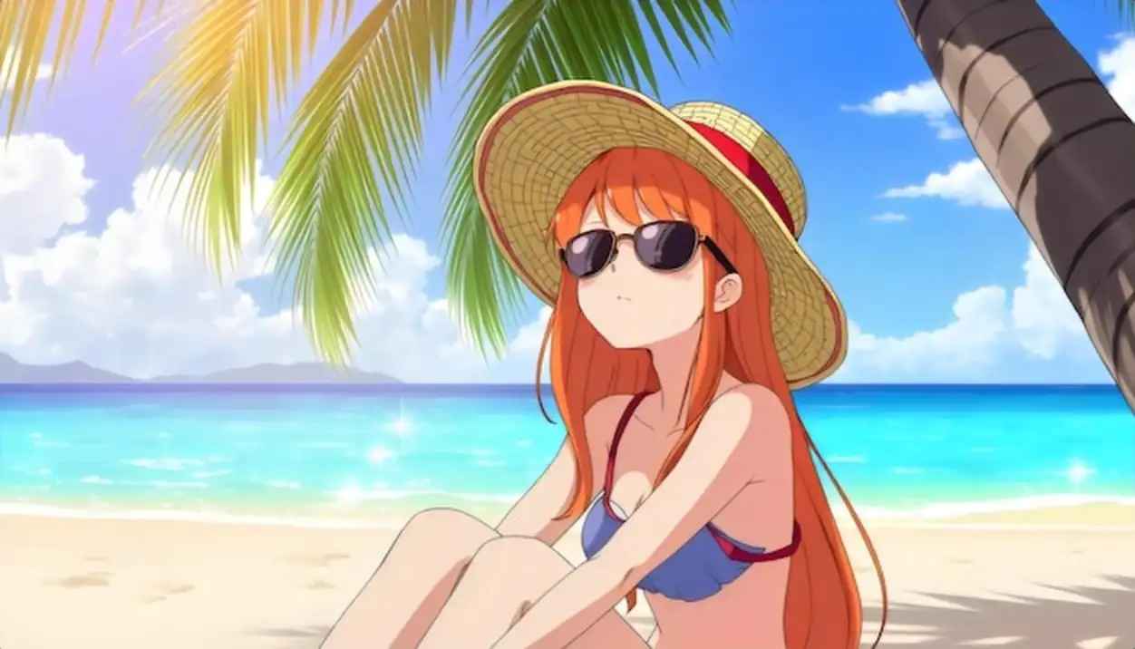 a girl in a straw hat sits on the beach with a palm tree
