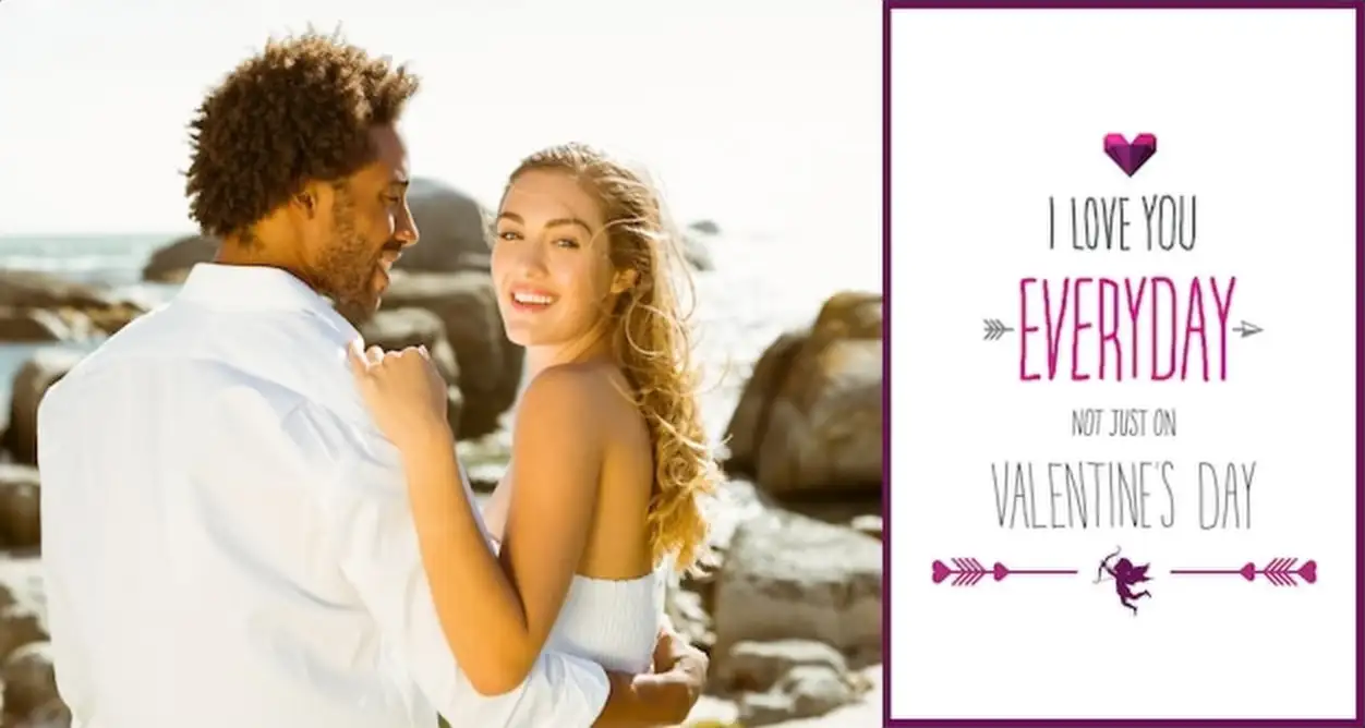 Gorgeous couple embracing by the coast against valentines day greeting