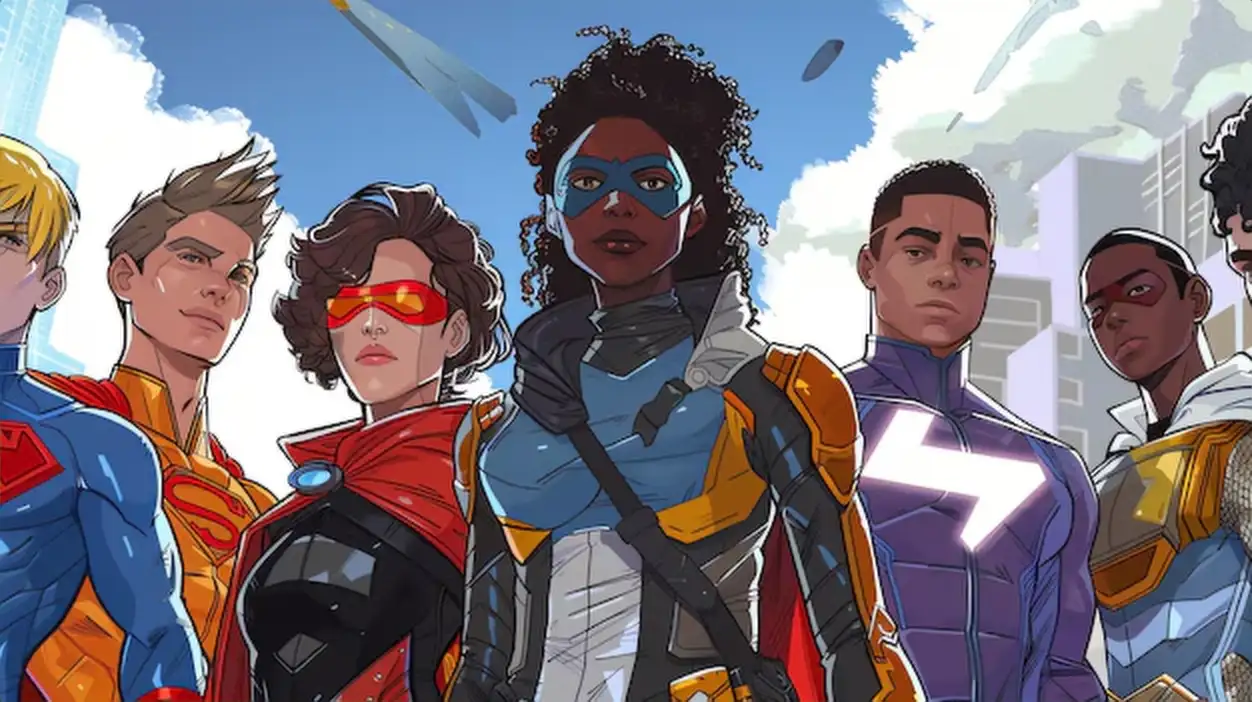 A group of diverse superheroes stand together in a city skyline