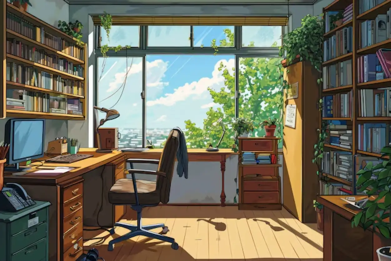 Anime style cozy home interior with furnishings