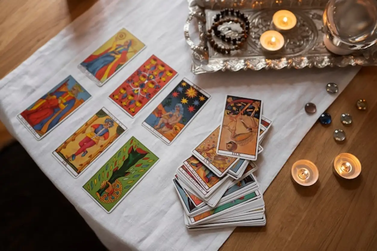 High angle tarot cards arrangement on table