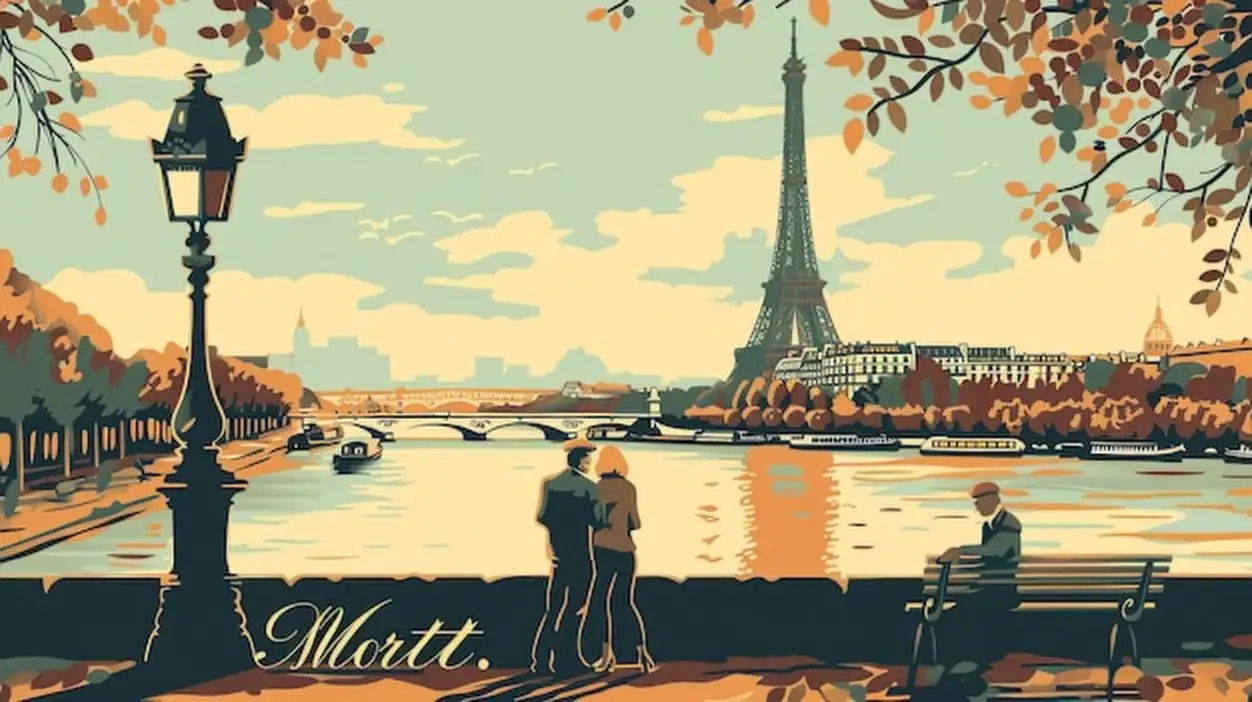 An illustration of the Paris skyline at sunset in a colorful cartoon style