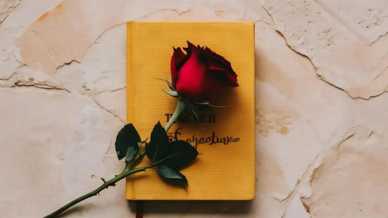 Red rose on a book with a yellow cover on a light stone background