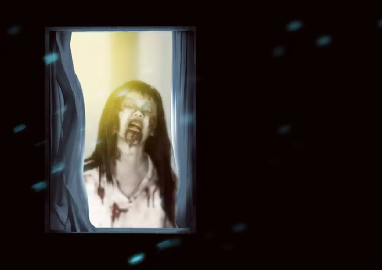 Scary zombie with blood and wound on his body standing on the window