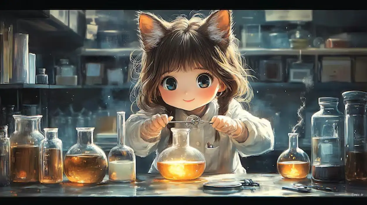 A young girl with cat ears conducts an experiment in a laboratory