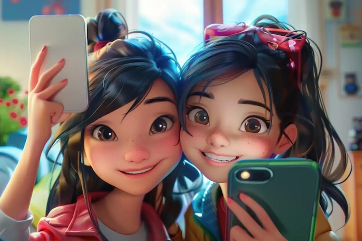 2 girls happy teenagers taking a selfie with a tablet