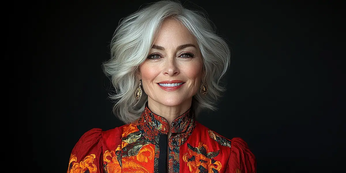 Anny Duperey portrait sourire, actrice française âgée, élégante cheveux blancs